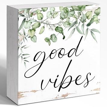 WUZYOU Positive Office Wood Block Sign Good Vibes 5x5x1 INCH Sign, Meditation Room Decor, Vintage Wellbeing Plaque, Uplifting Wall Art, Emotional Support Display