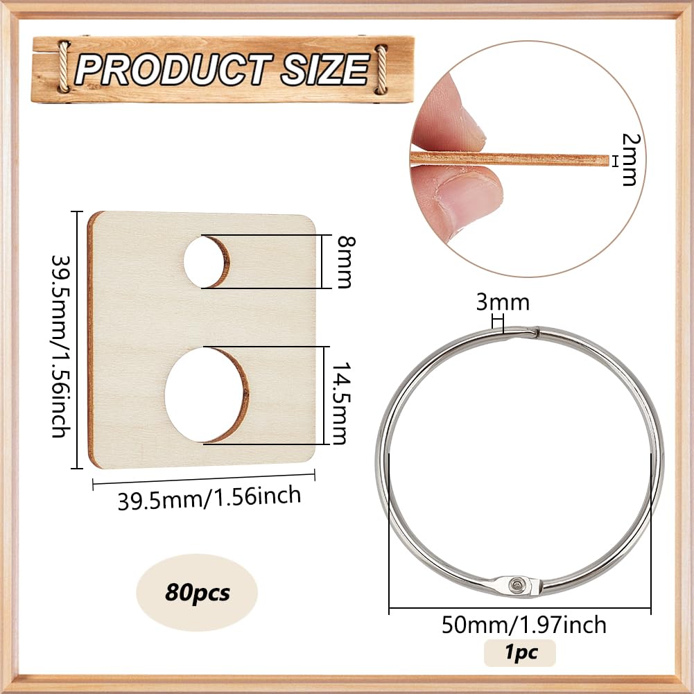 BENECREAT 80Pcs Wood Thread Drops, 1.55x1.55inch Square Floss Drops Bobbin Drops Cross Stitch Thread Organization with Iron Floss Ring for Craft DIY Sewing Storage