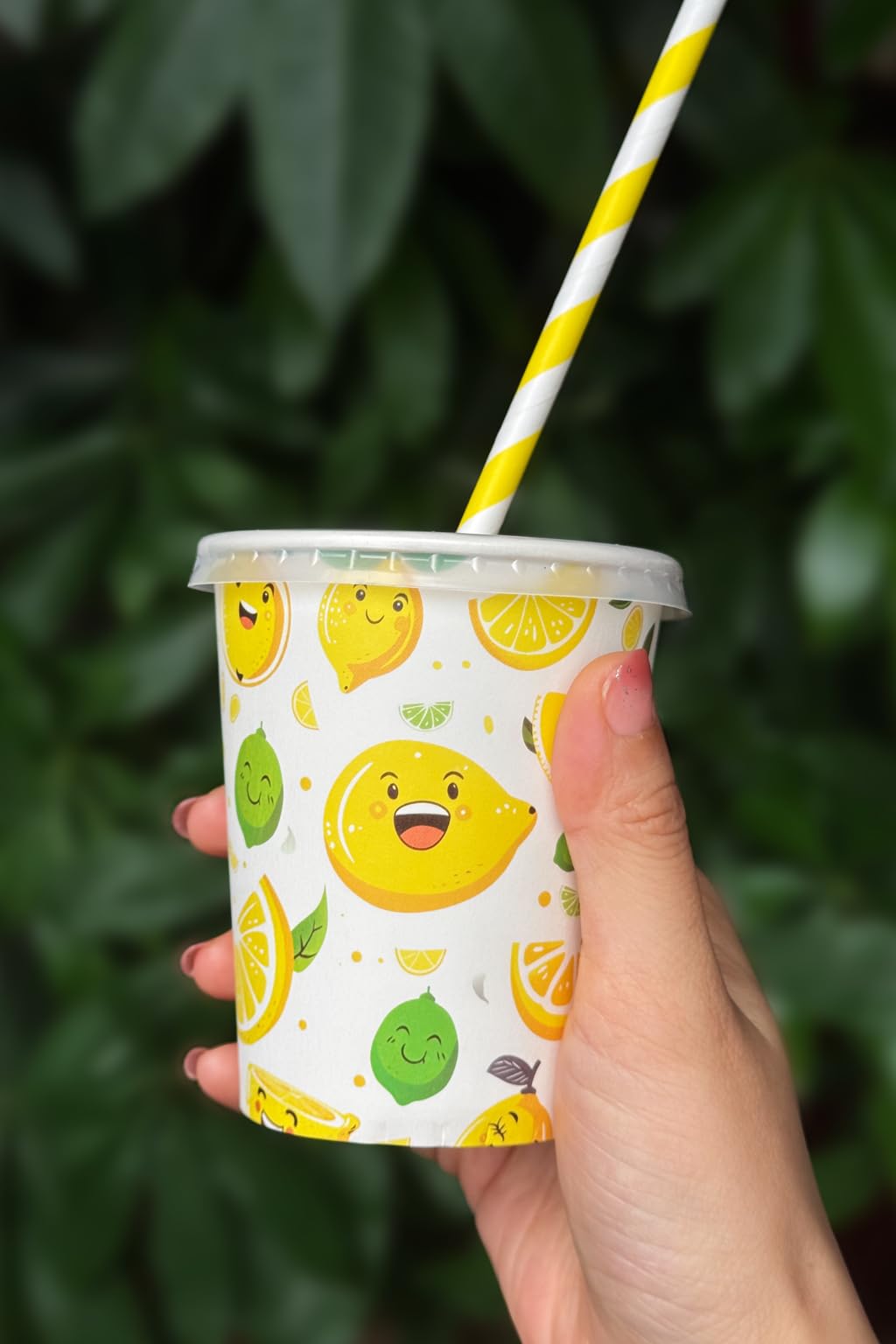 Limonadenbecher mit Deckel und Trinkhalm, Limonadenständer, Zitronenmuster, Sommerkaltgetränke, Einweg-Fruchtsaft-, Kaffee-Pappbecher, Party- und Outdoor-Zubehör, 300 Stück, 300 Stück