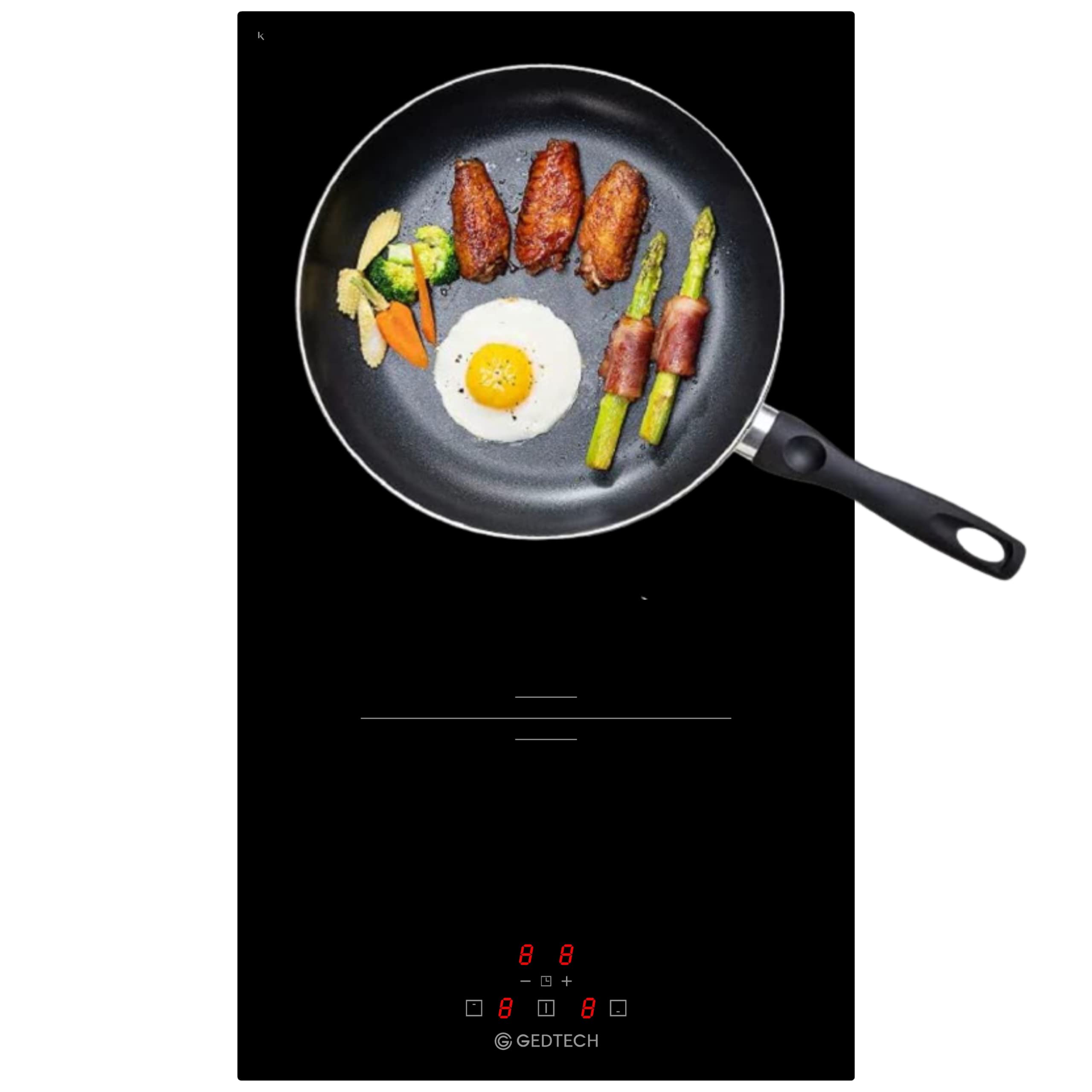 GEDTECH - Placa de cocción integrada, 2 zonas, fabricada en Francia, 28,8 x 52 cm, 2 refuerzos, revestimiento de cristal