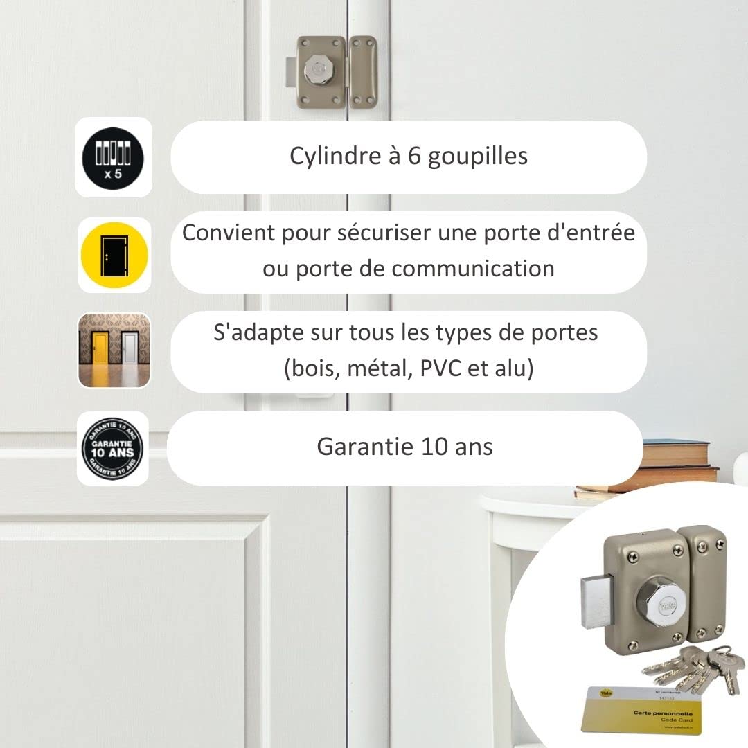 Yale Verrou de Porte Bouton - Ouverture à Bouton Intérieur, Clé extérieur - Cylindre diamètre 23 mm, Longueur 40 mm, 6 goupilles - YV26BT-40 - Anti crochetage, perçage, arrachement - 5 clés