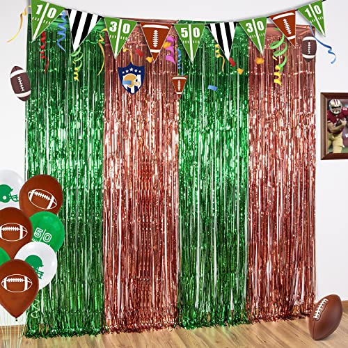 LOLStar 3 Pack Super Bowl Photo Booth Prop, Football Party Decorations, 3.3x6.6 ft Dark Green and Brown Foil Fringe Curtain Photo Backdrop for Super Bowl Sunday Party, Football Themed Party Decoration