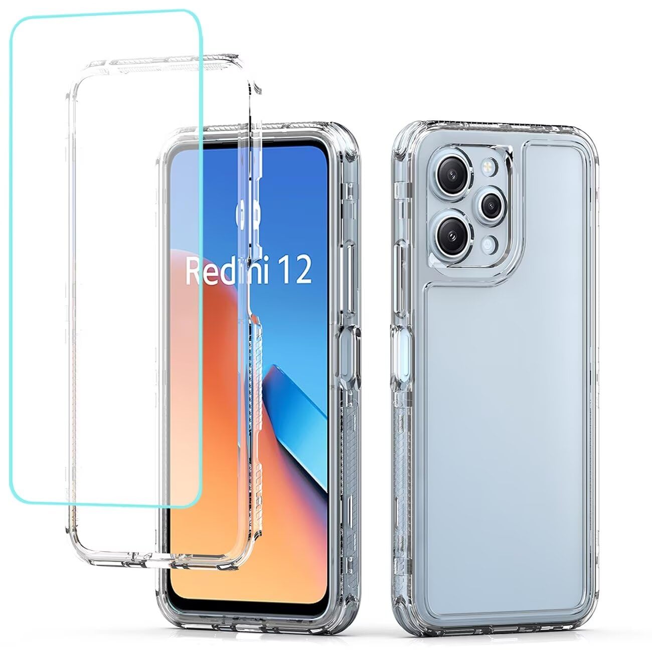 for Redmi 12 4G/Redmi 12 5G/Poco M6 Pro 5G Case with Tempered Glass Screen Protector, Crystal Clear Full Body 3 Layer Heavy Duty Protective Phone Cover for Xiaomi Redmi 12 Clear