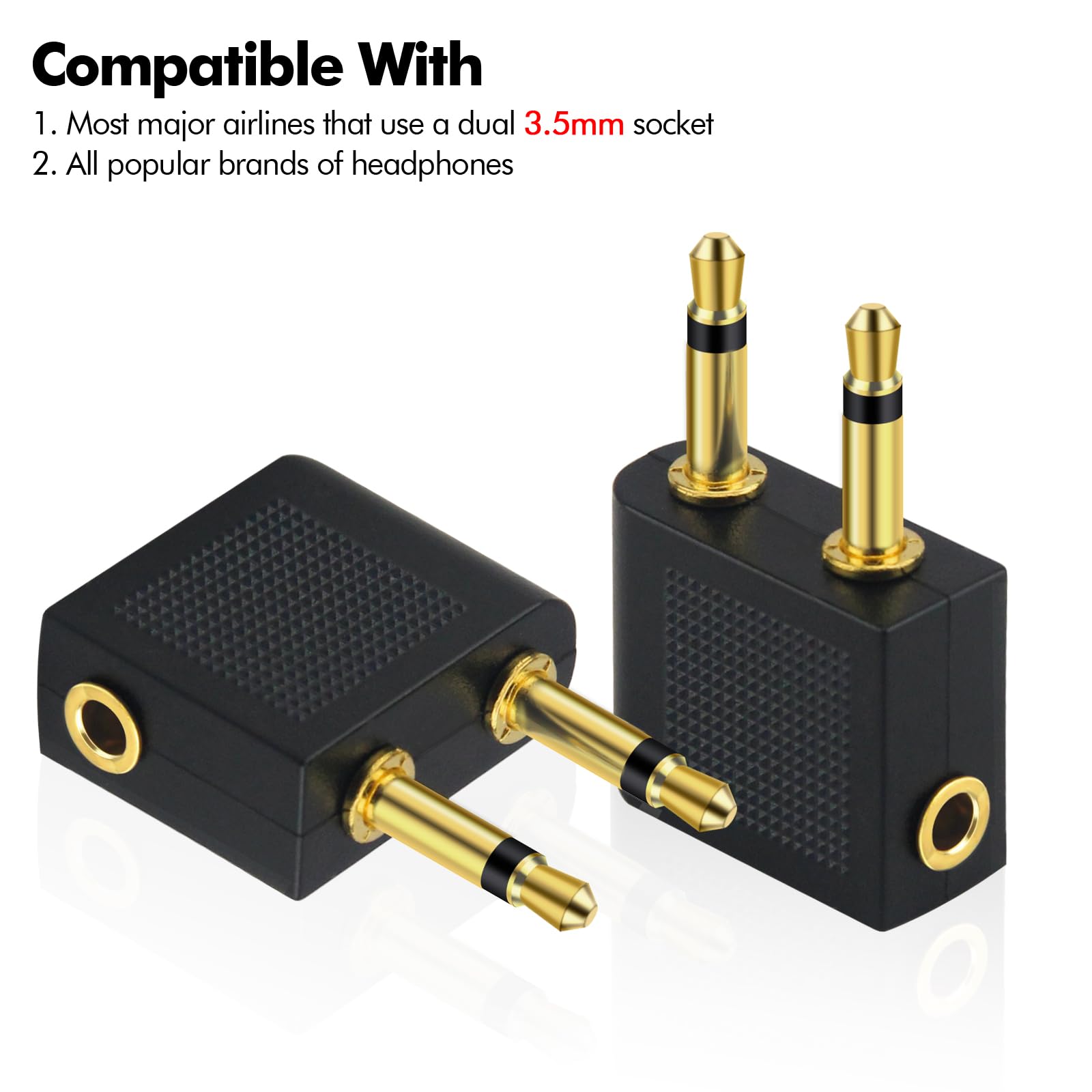 poeland Adapter słuchawek Airline Airplane do słuchawek, AUX, podwójny 3,5 mm męski na 3,5 mm żeński pozłacany (3 sztuki)