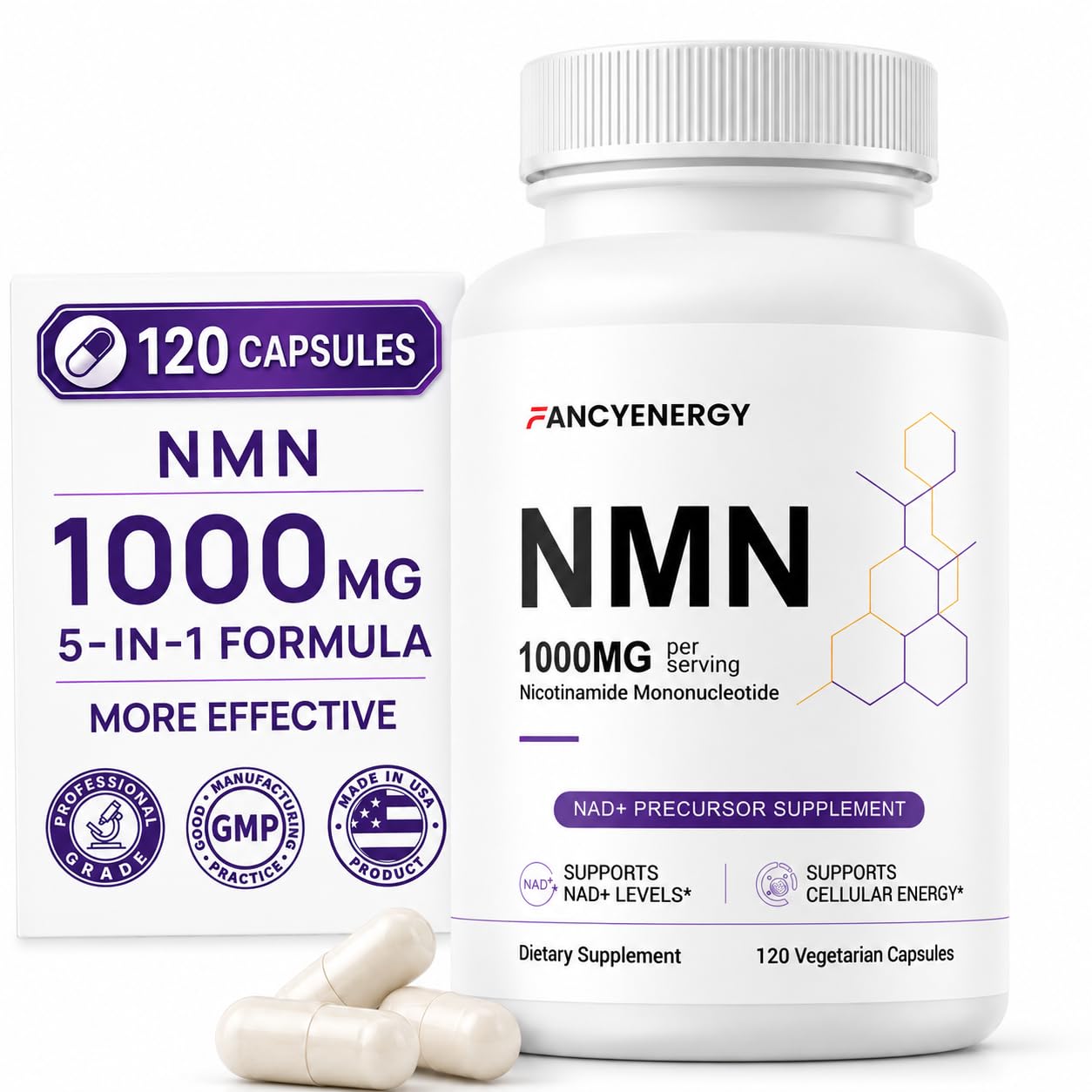 NMN Supplement 1000mg Pure Organic – Premium Nicotinamide Mononucleotide, Resveratrol, Supports Cellular Energy, NAD+ Levels & Healthy Aging, NAD+ Supplements for Women & Men, Gluten Free, 120 Caps