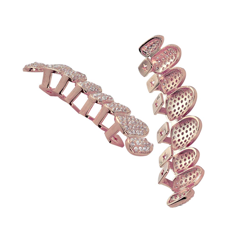 Gold Grillz Iced Out CZ Diamond Top & Bottom Set Grill 24 K placcato oro macro pavé denti griglie – barre di stampaggio extra incluse + custodia + panno in microfibra