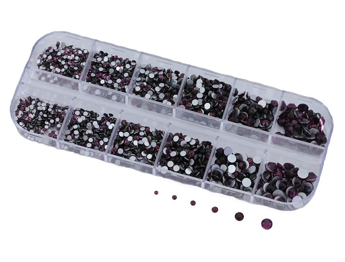 Over 2100 Pieces Purple Amethyst Flat Back Glass Rhinestones Crystals for Nail Art Kit 6 Sizes (1.4mm - 4.8mm)