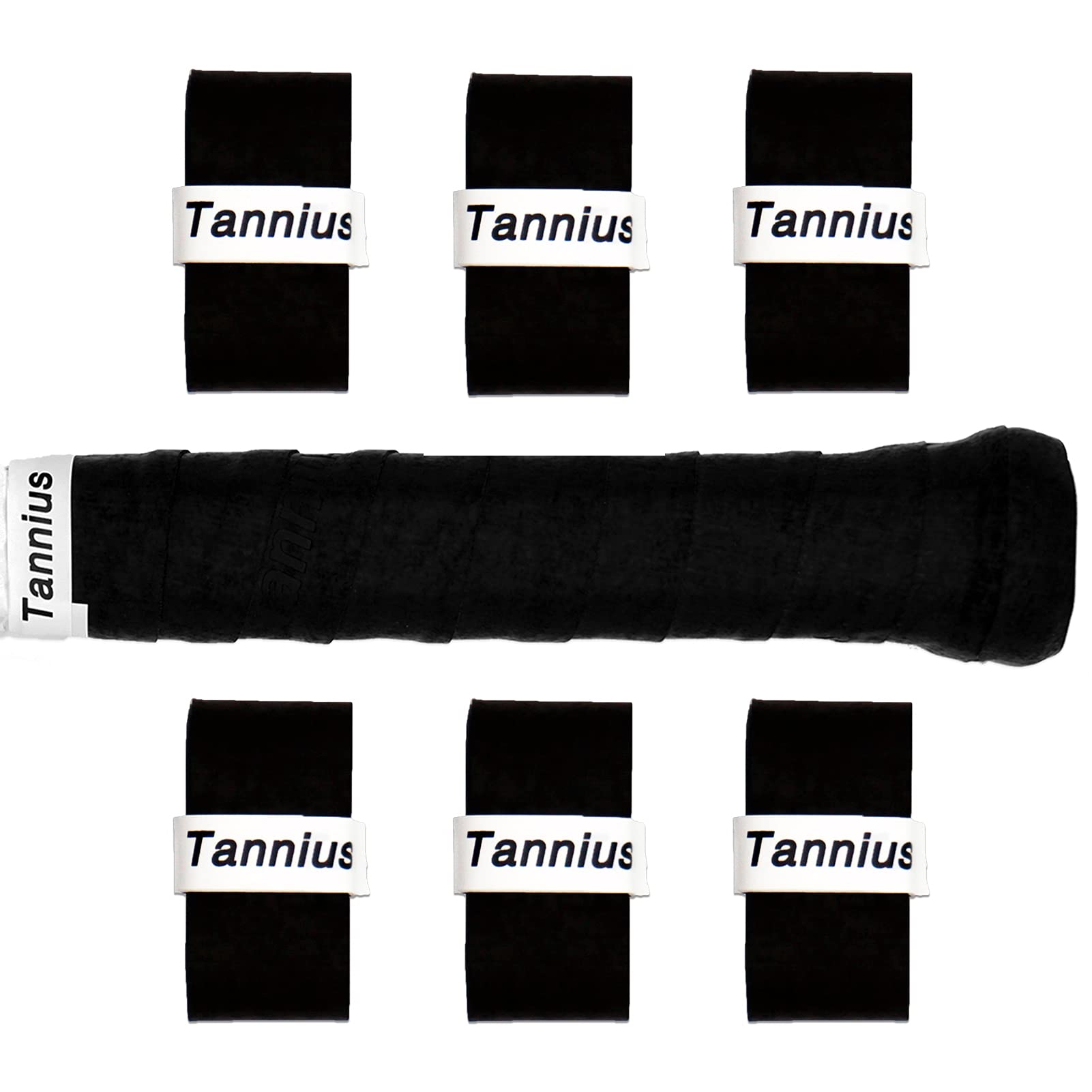 Tannius Tennis Racket Grip Tape, 6 Pack Tacky Tennis Grips, Absorbent and Enhanced Tennis Racquet Overgrip (6-Pack Black)