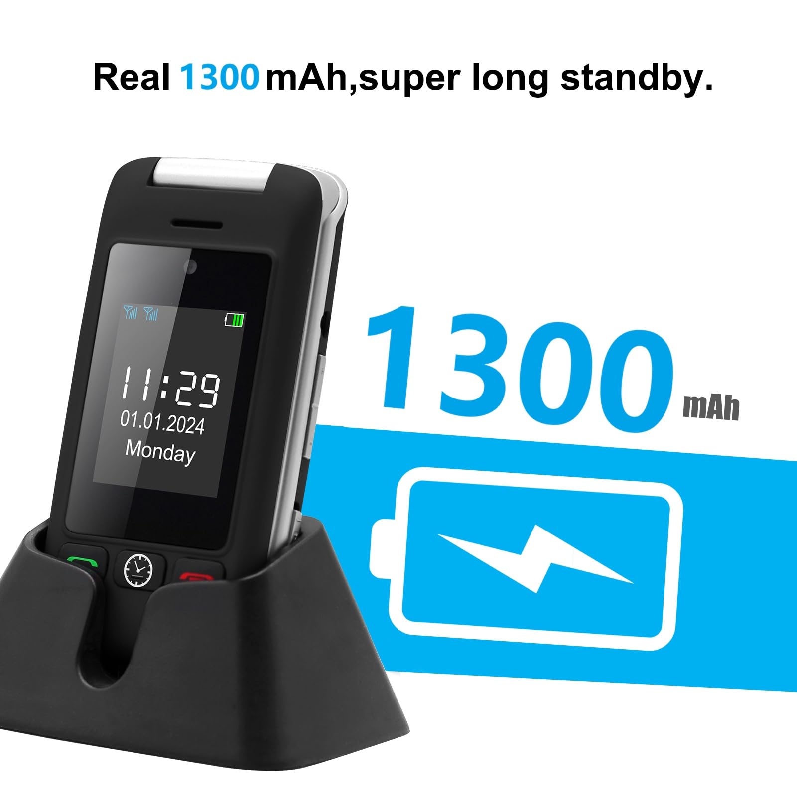 artfone C10 Seniorenhandy Klapphandy Ohne Vertrag丨2G GSM Handy für Senioren丨Dual SIM Großtasten Mobiltelefon丨2,4 Zoll Zweibildschirm丨SOS Notruftaste丨Ladestation丨FM Radio丨Zeitansagefunktion - Schwarz