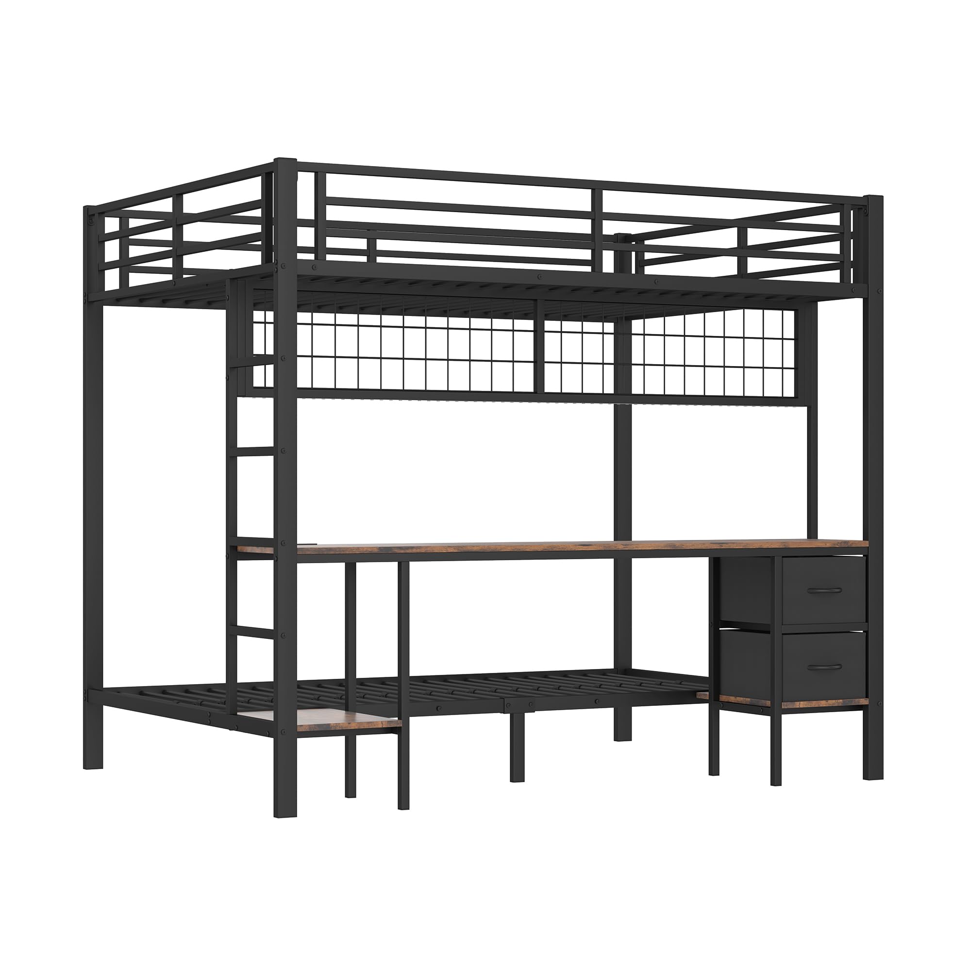 Letto a soppalco, telaio in ferro, cassetti, ripiani per oggetti, griglia per appendere oggetti, scrivania, con striscia LED a 7 colori, porta USB, senza materasso (nero, 140 x 200 cm)