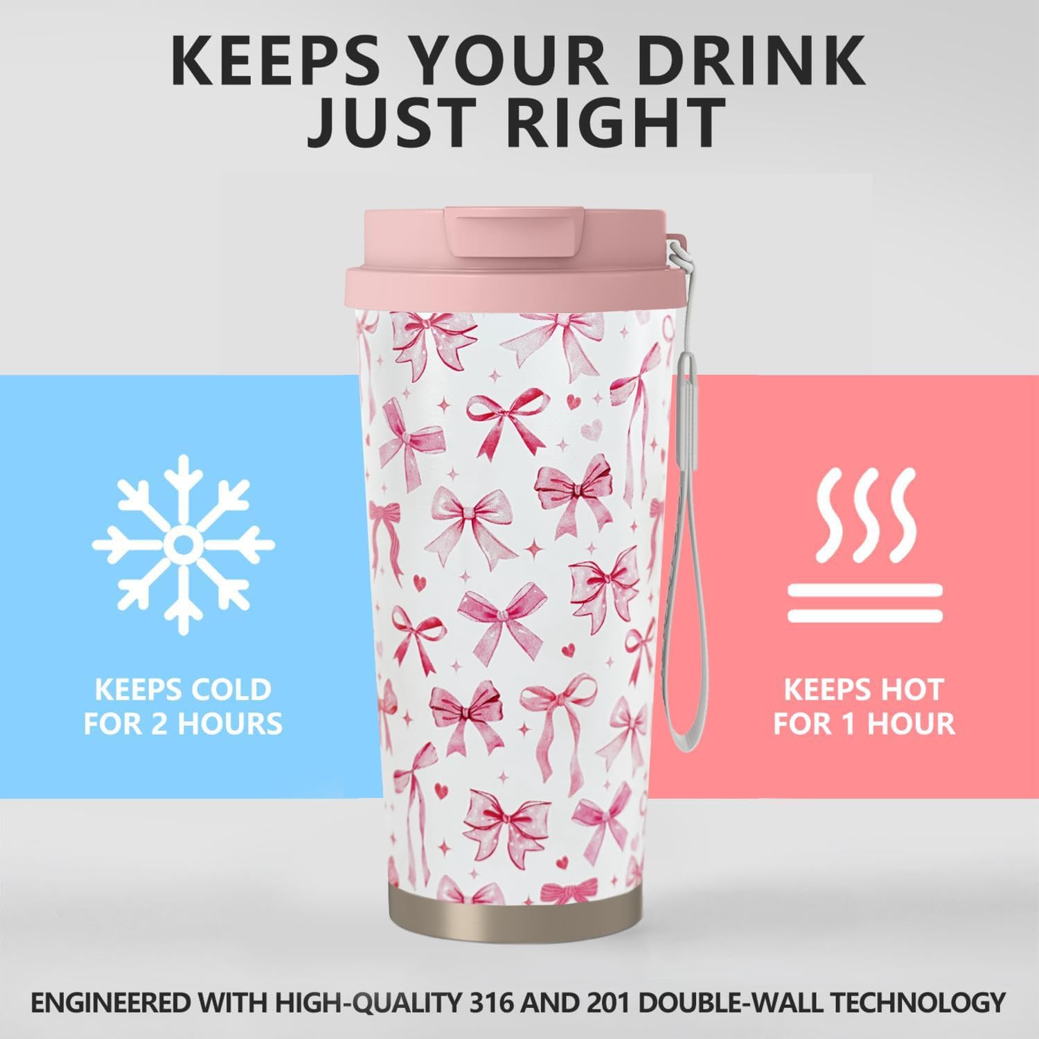 18 oz(530ml) Pink Bow Stainless Vacuum Steel Insulated Coffee Travel Mug Cup Water Bottle Tumbler with Straw,Bow Decor/Accessories for Women - Image 3