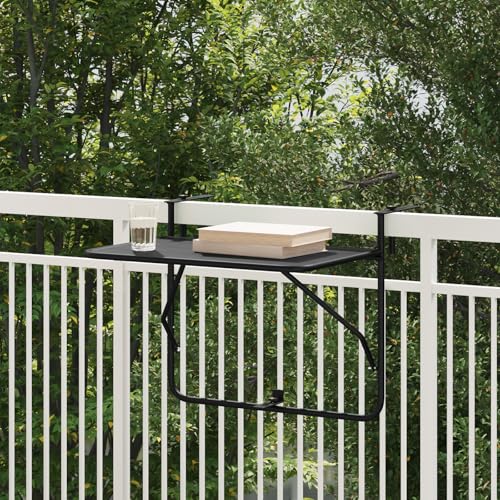 HETFTJN Tavolo da Balcone Pieghevole Nero in Acciaio 60x40 cm per Esterno, Design Moderno a Listelli con Finitura Opaca, Montato a Parete Salvaspazio per Pranzo e Relax su Balcone Giardino o Patio