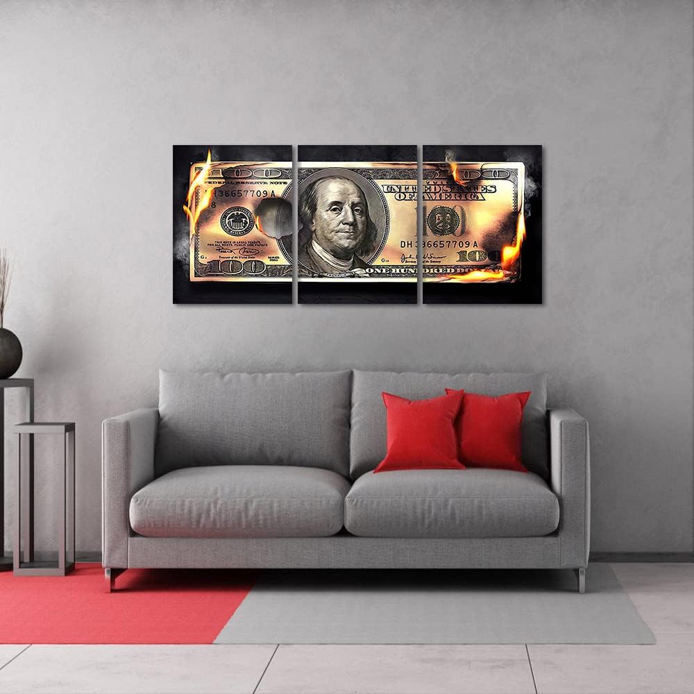 Money Posters Wall Art 3 Panels 100 Dollar Bill Pictures Canvas Prints Art Modern Burning Dollar Posters Wall Decor Artwork Study Room Office Decor Framed Ready to Hang - 20'' Wx28''H x 3pcs
