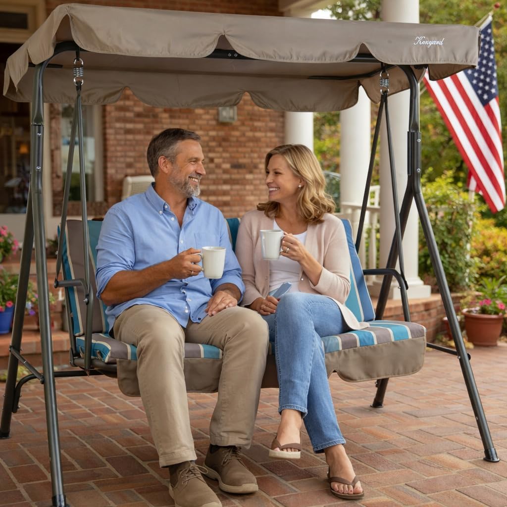 Kozyard Alicia 3-Seat Patio Swing, Outdoor Canopy Swing with Heavy-Duty Steel Frame, Adjustable Canopy and Removable Cushions for Porch, Patio, Garden & Poolside, Blue Stripe