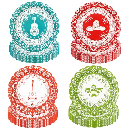 48PCS Fiesta Mexican Paper Plates - 7inch Colorful Cinco De Mayo Dessert Plates Cake Salad Fruit Disposable Taco Party Supplies for Carnival Pinata Taco Dance Birthday Decorations