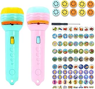 Slide Projector Torch Projection Light, 48/80 Patterns Flashlight Projector for Kids, Kids Story Flashlight, Educational Learning Bedtime Toy Handed Projector, Fun Projection Toy Gift (Blue+Pink)