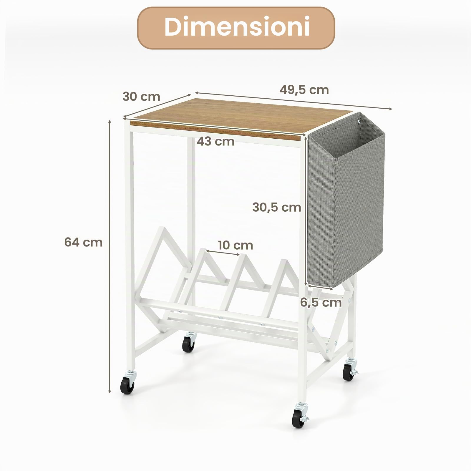 KOMFOTTEU Supporto per Giradischi con Ruote, Mobile Vinili con Sacchetto di Stoffa e Ripiano, Espositore per Dischi per Presentazioni in Metallo per Ufficio, Soggiorno, Camera da Letto (Naturale)