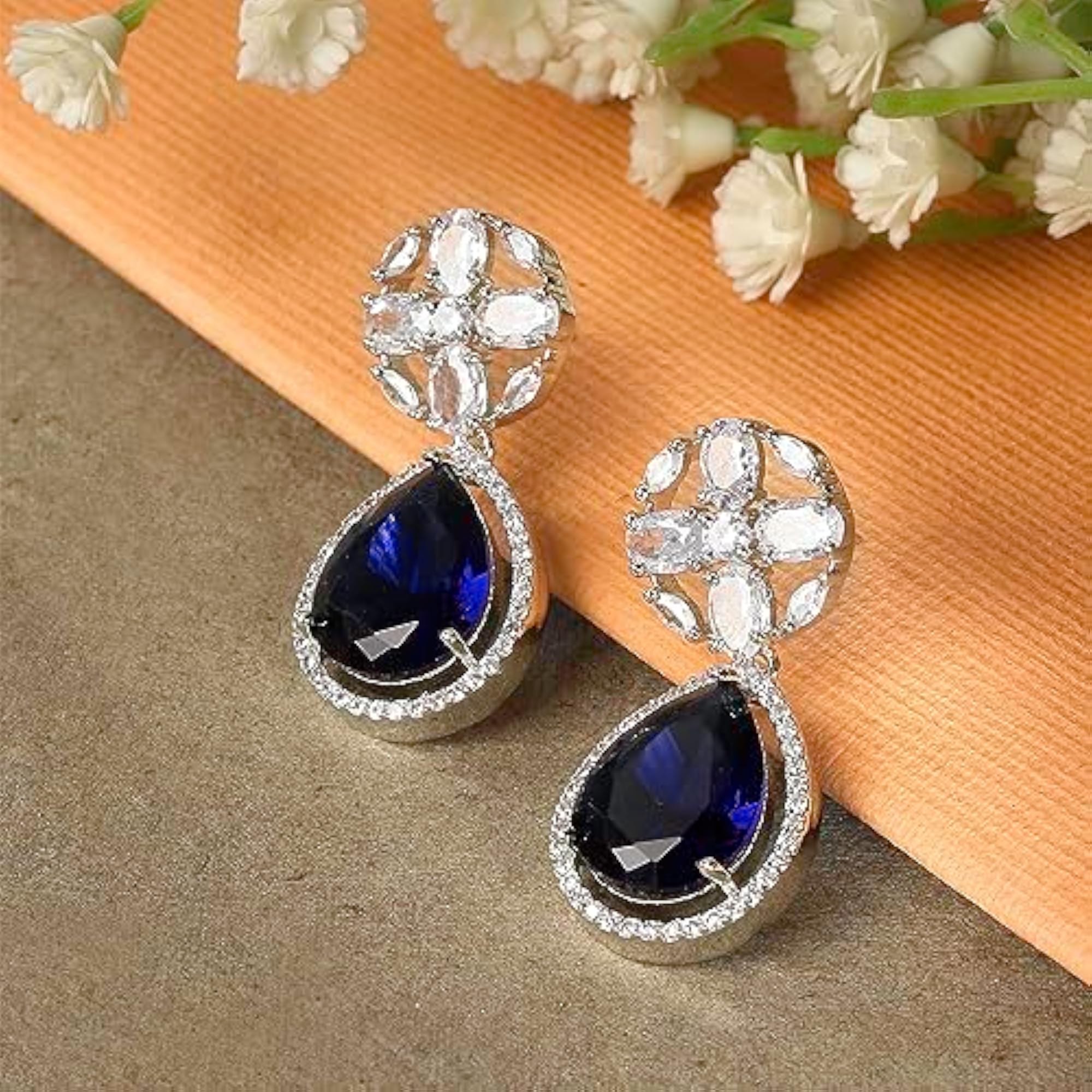 Rhodium-Plated Teardrop & Floral Drop Earrings