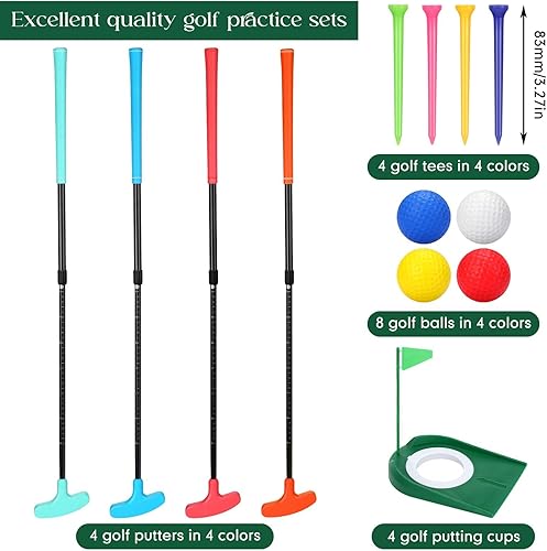 Miniatura 2 de Juego de 4 mini putters de golf con 8 bolas, 4 copas de golf y bandera, camisetas, putter de longitud ajustable de dos vías para golfista diestro o