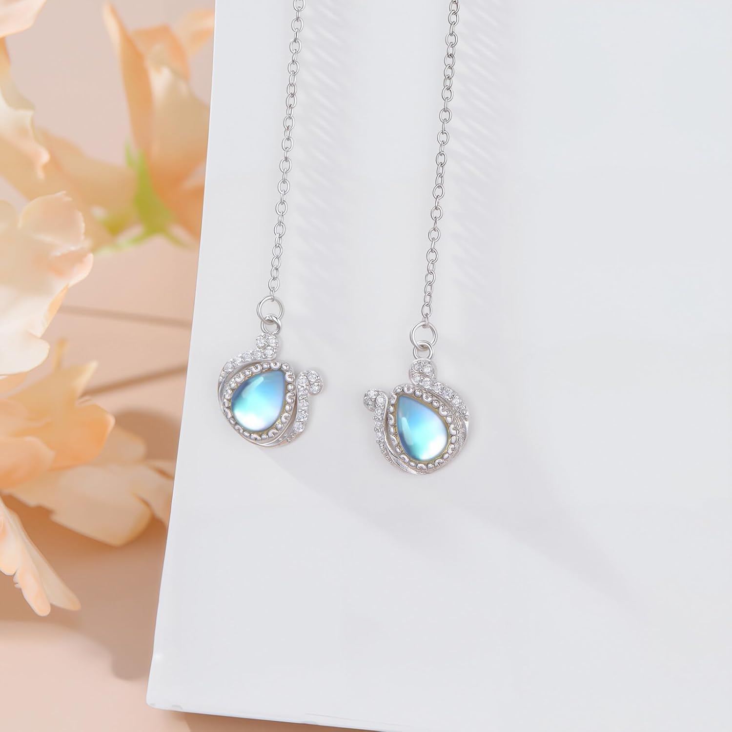 925 Sterling Silver Moonstone Long Chain Earrings Hummingbird/Cat/Clover with June Birthstone Threader Earrings for Women - Image 4