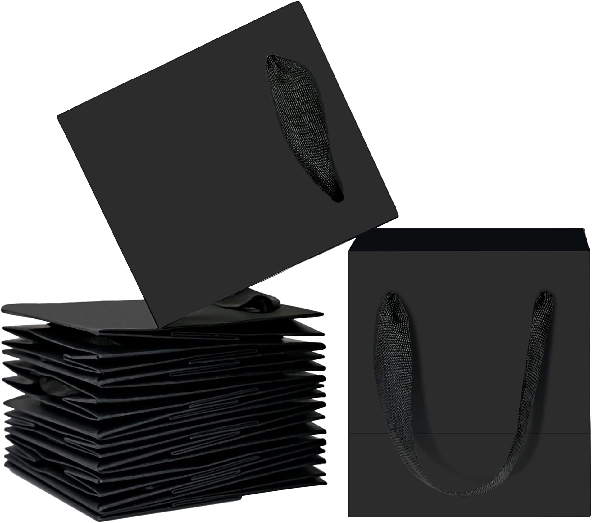 – HUAPRINT Matte Black Paper Gift Bags, Small Shopping Bags with Handles,10.1x7x11.4cm, 12 Pack for Party Favors, Merchandise, Weddings