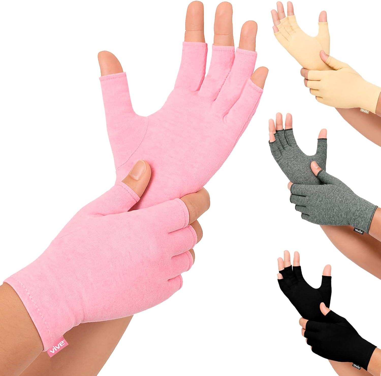 Vive Pink Fingerless Arthritis Compression Gloves for Men & Women - Carpal Tunnel, Rheumatoid Pain Relief, Open Finger Typing Support