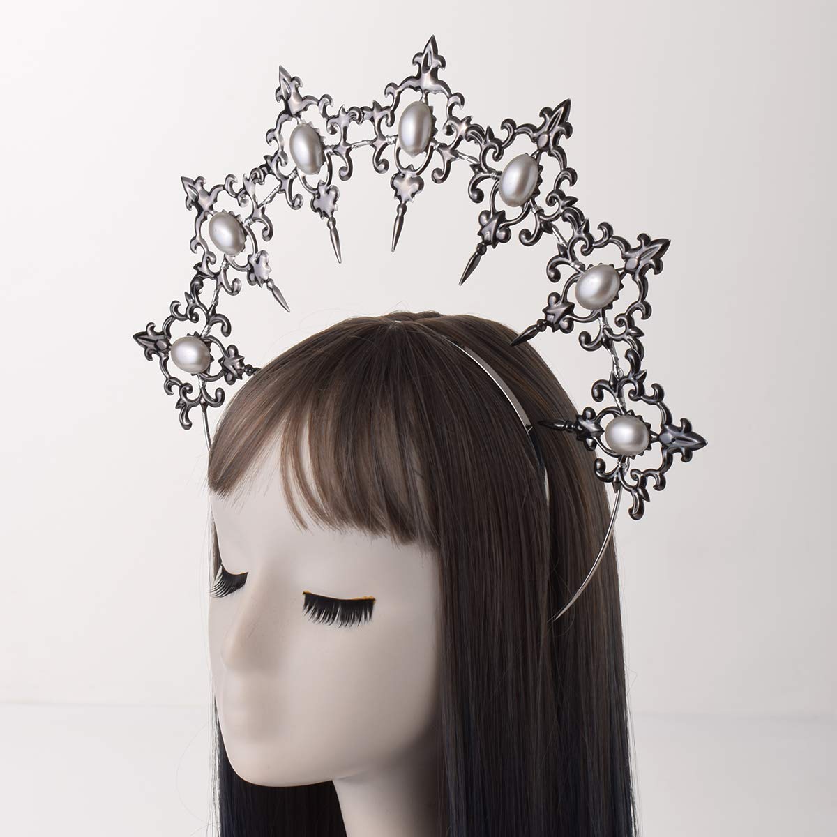 BLESSUME Halo Crown Mary Goddess Headband Women Halloween Costume Headpiece, Black 2, Taglia unica - Image 3