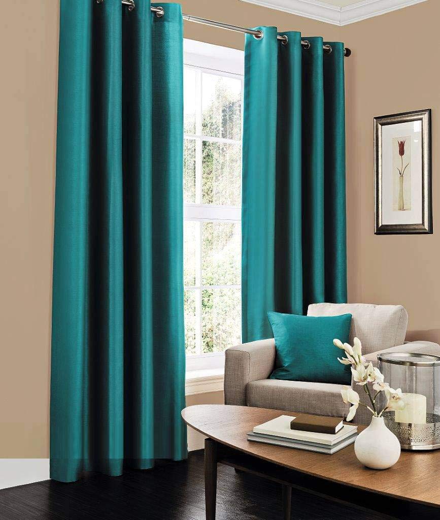 Faux Silk Fully Lined Ready Made Plain Eyelet Curtains with tie Back (Teal, 66" x 90")