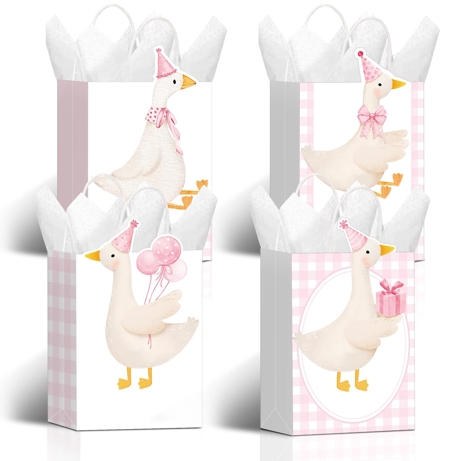 Kolldenn 24 Pcs One Silly Goose Party Favors Cute Treat Bags Gift Gingham Gift Goodies Bags Party Decoration Coquette Bow with Handles for Birthday Baby Shower Supplies (Light Pink,Goose) โ image 1