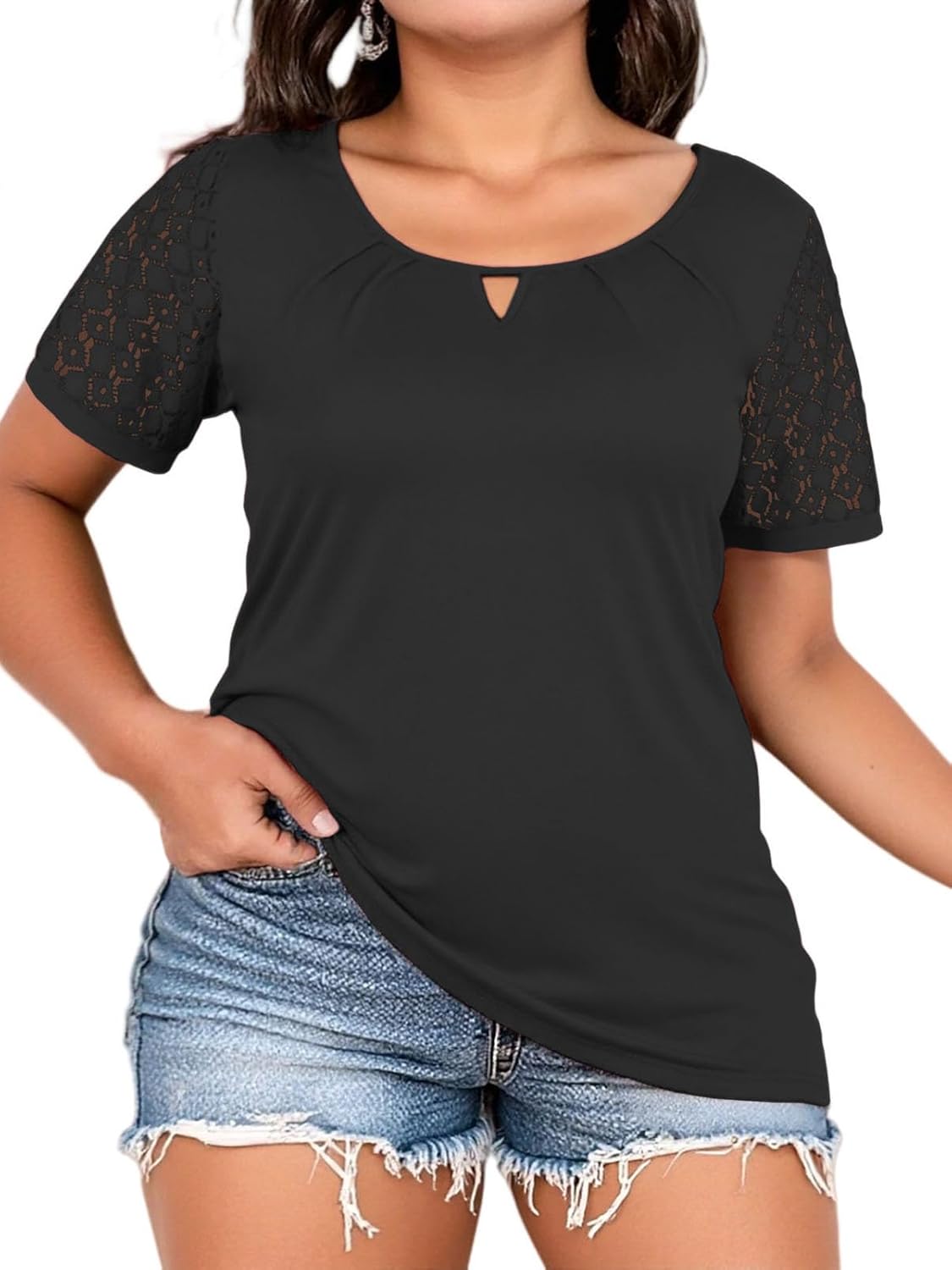 VISLILY Womens-Plus-Size-Summer-Tops Dressy Lace Short Sleeve T Shirts Casual Keyhole Crewneck Blouses Trendy Pleated Tunics - Image 2