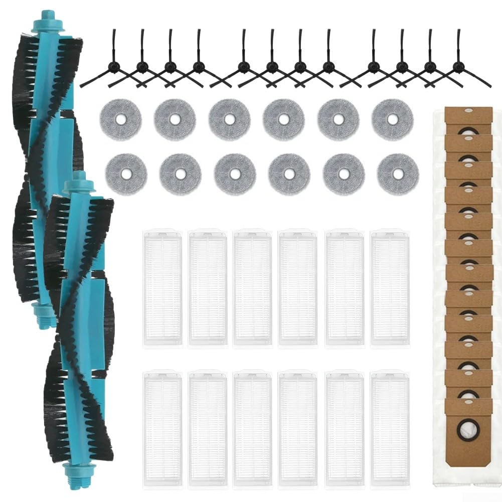 Partes de aspiradora para Cecotec para conga 11090, incluye 2 cepillos principales, 12 cepillos laterales, 12 filtros, 12 paños de fregona, 12 bolsas de polvo de plástico, nailon, microfibra
