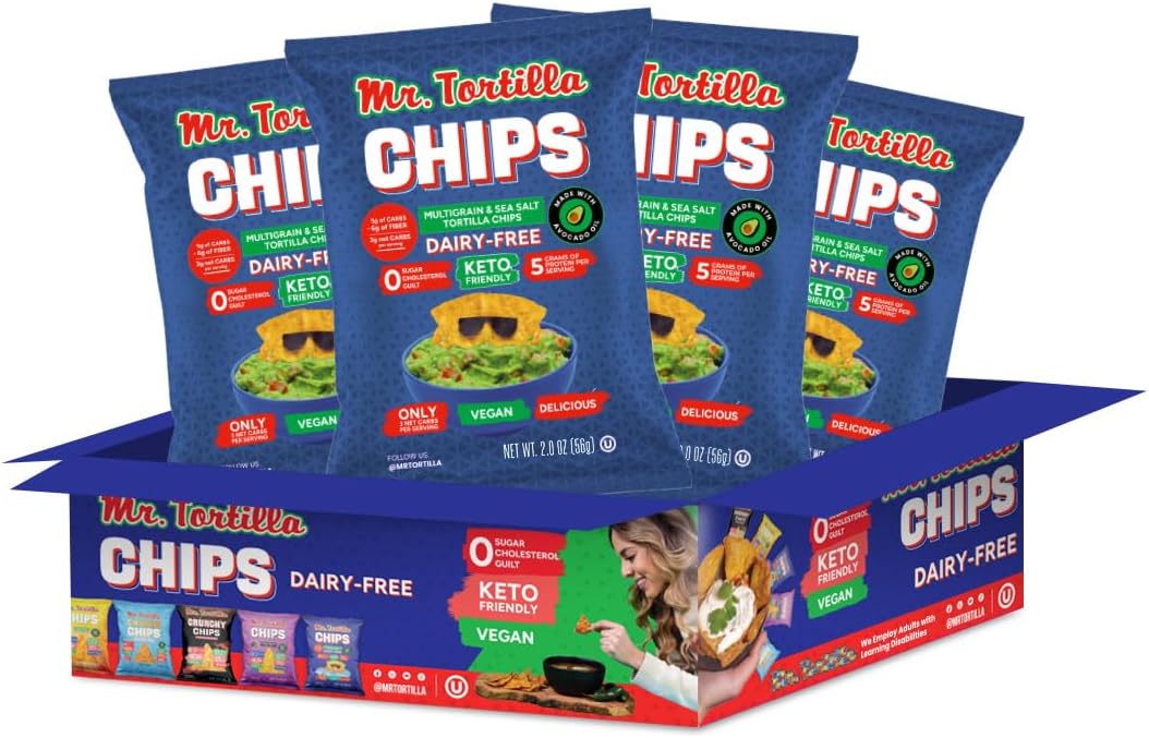 Mr. Tortilla Protein Keto Chips - Dairy Free, Keto Friendly Tortilla Chips Protein Snacks, 3 Net Carbs Per Serving, 10g Protein per Bag, Low Carb - (Multigrain 2 oz Bags, 4-Pack)
