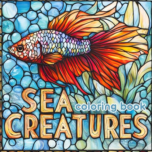 Sea Creatures Stained Glass Coloring Book Adults and kids - Unique 55 Bold & easy Pages of Underwater Ocean Animals : Fish Dolphin Shark Turtle Octopus and more ! image 2