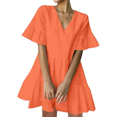 FANCYINN Cute Shift Tunic Dress for Women Ruffle Swing Babydoll Mini Long Sleevee Dress with Pockets