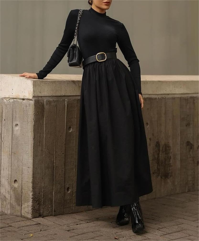 Women's Long Sleeve Turtleneck Maxi Dress Elegant Patchwork Casual Flowy Mock Neck Long Dress with Pockets - Image 6