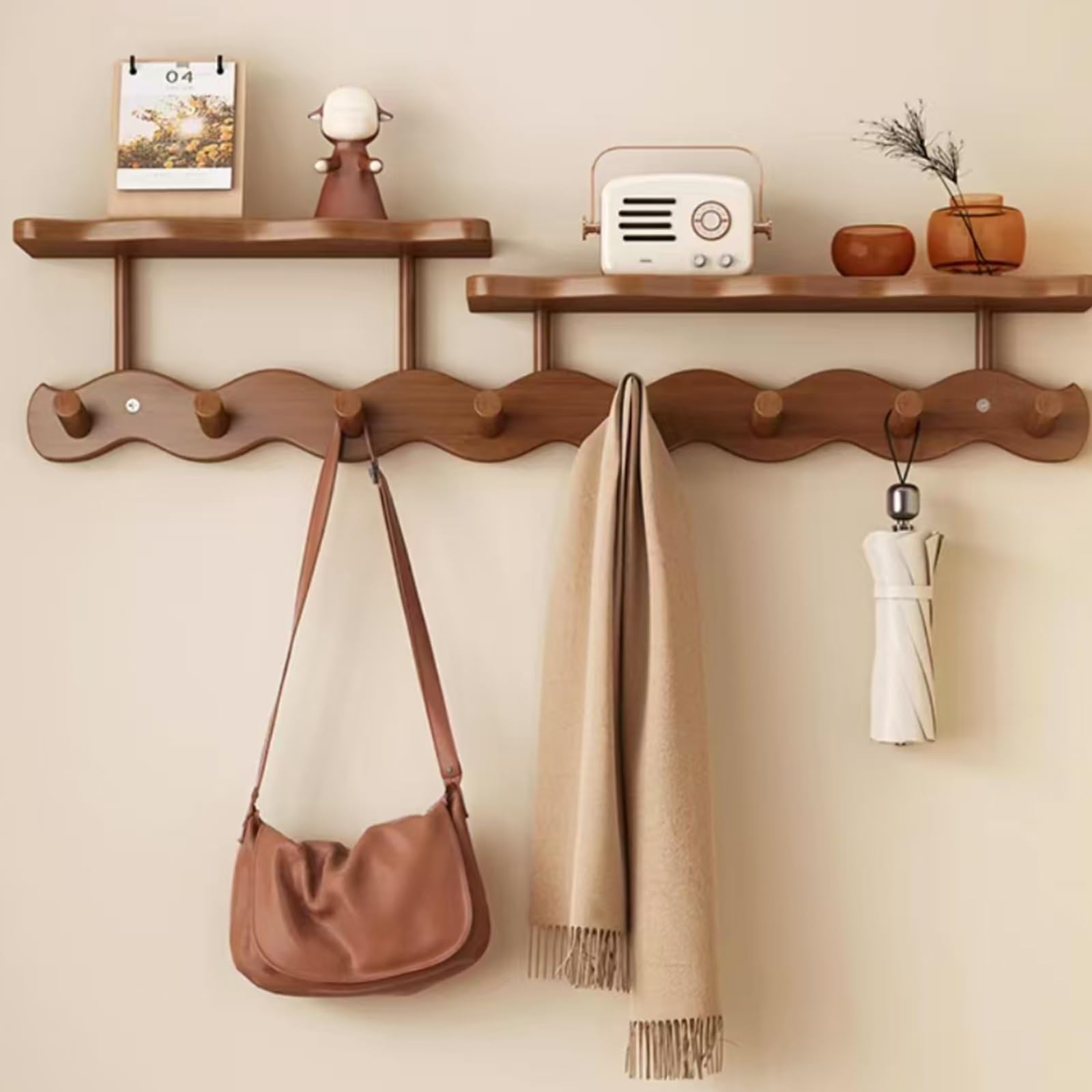 Pływające półki z haczykami, półka ścienna z litego drewna do łazienki, sypialni, salonu, przedpokoju, biura i pralni - 72 cm, 8 haczyków