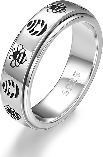 YAFEINI Anillo giratorio de plata de ley 925 para la ansiedad, anillo giratorio para la ansiedad, anillo para aliviar el estrés, joyería para