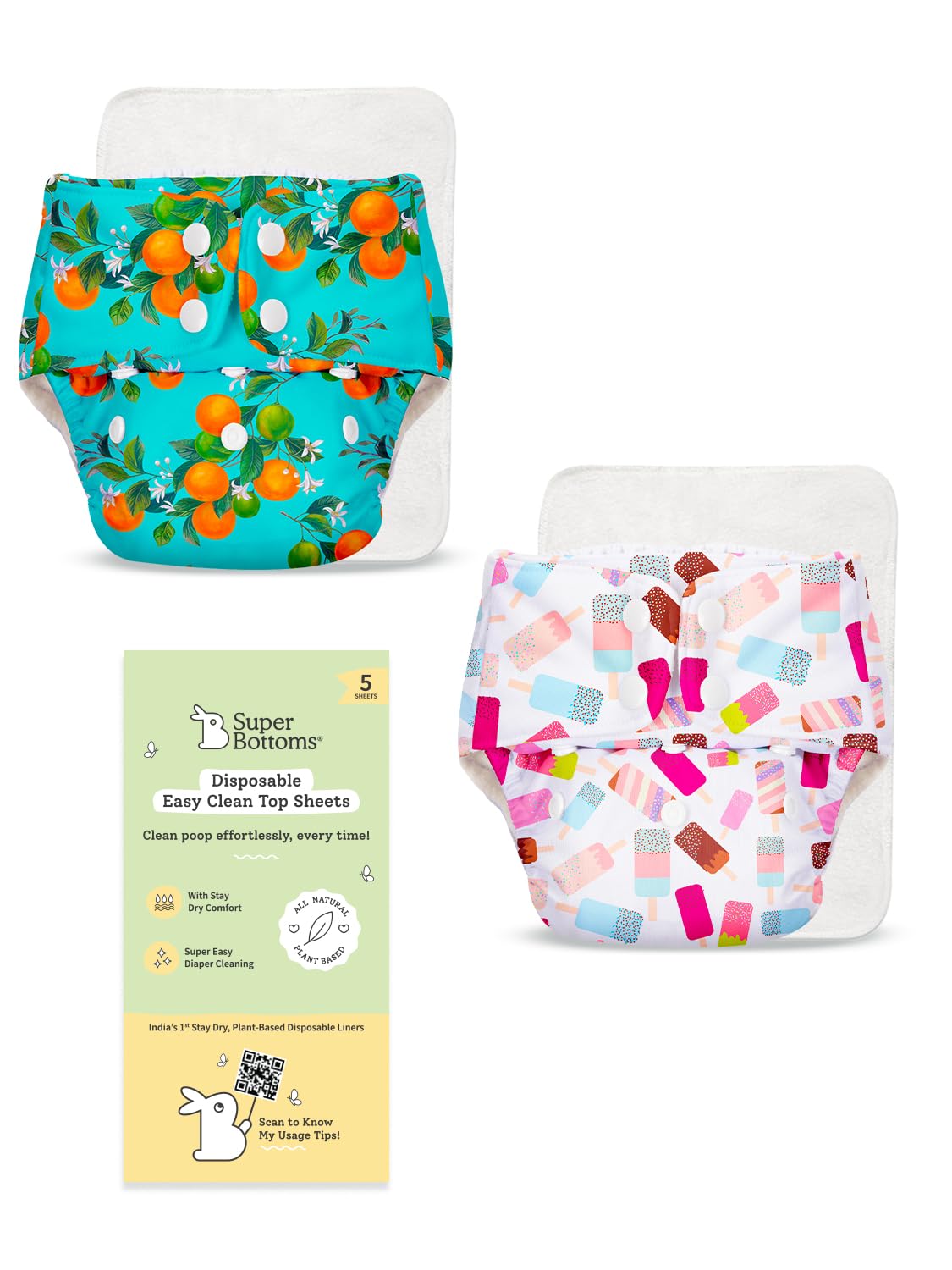 SuperBottoms BASIC Cloth Diaper Combo | 2 Reusable Diapers + 2 Quick Dry Pads + 5 Disposable Top Sheets | Adjustable, Washable, Rash-Free & Eco-Friendly for Babies (3M-3Y)