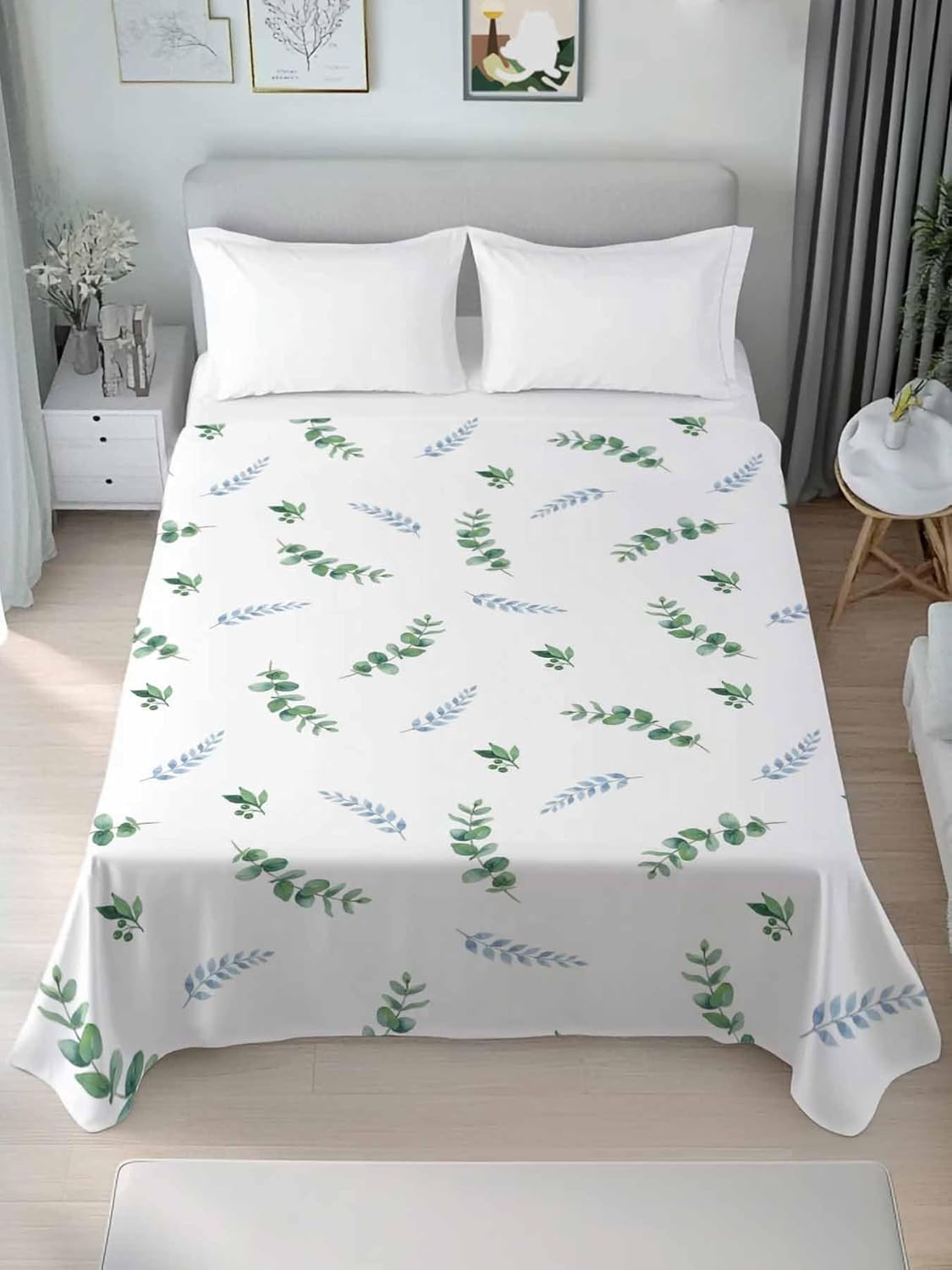 Top Sheet Full Bedding Flat Sheet Only, Farmhouse Eucalyptus Leaves Microfiber Bed Sheets Soft Breathable Bedding Flat Sheets, Summer Leaves Plant Hotel Luxury Top Sheets