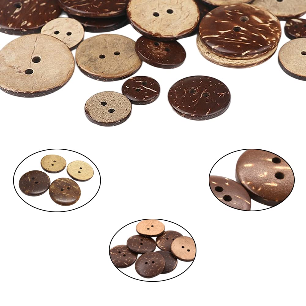 100 Bottoni In Guscio Di Cocco Naturali - 5 Misure Con 2 Fori Per Cucito E DIY - Foto 3