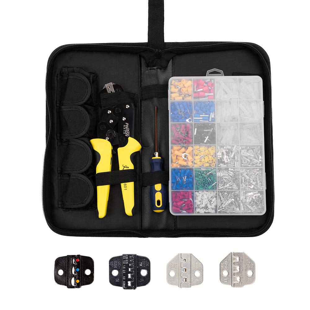 Kit di strumenti per crimpare cavi con ganasce intercambiabili, pinza a cricchetto e 850 terminali isolati 22-10 AWG (0,5-6,0 mm²), borsa per il trasporto organizzata