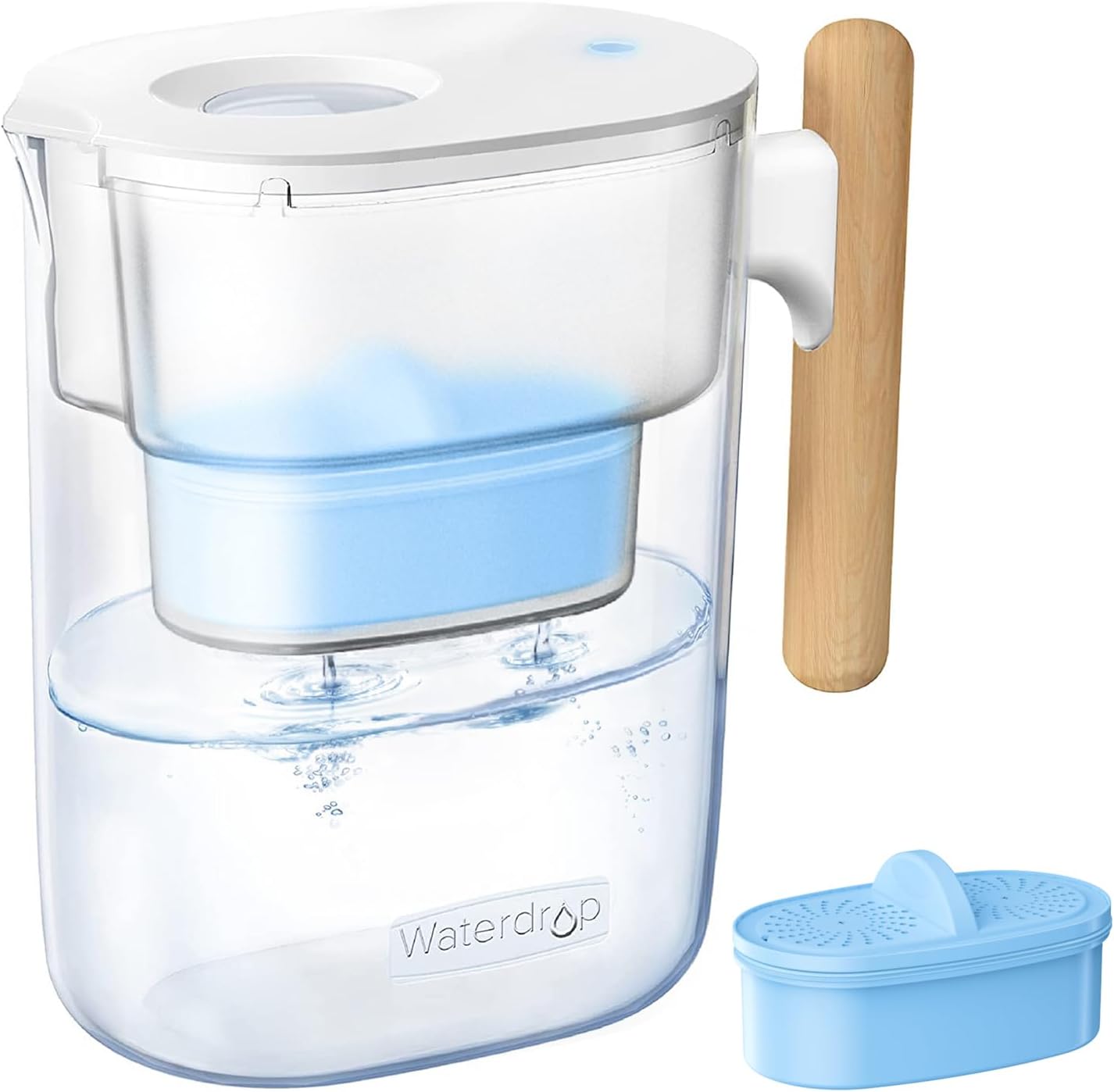 Waterdrop PT-04C-A Alkaline Water Filter Pitcher, 10-Cup Capacity, Healthy, Clean & Toxin-Free Mineralized Alkaline Water, Up to pH 9.5, BPA-Free, 100 Gallons, Sturdy Wooden Handle, Clear