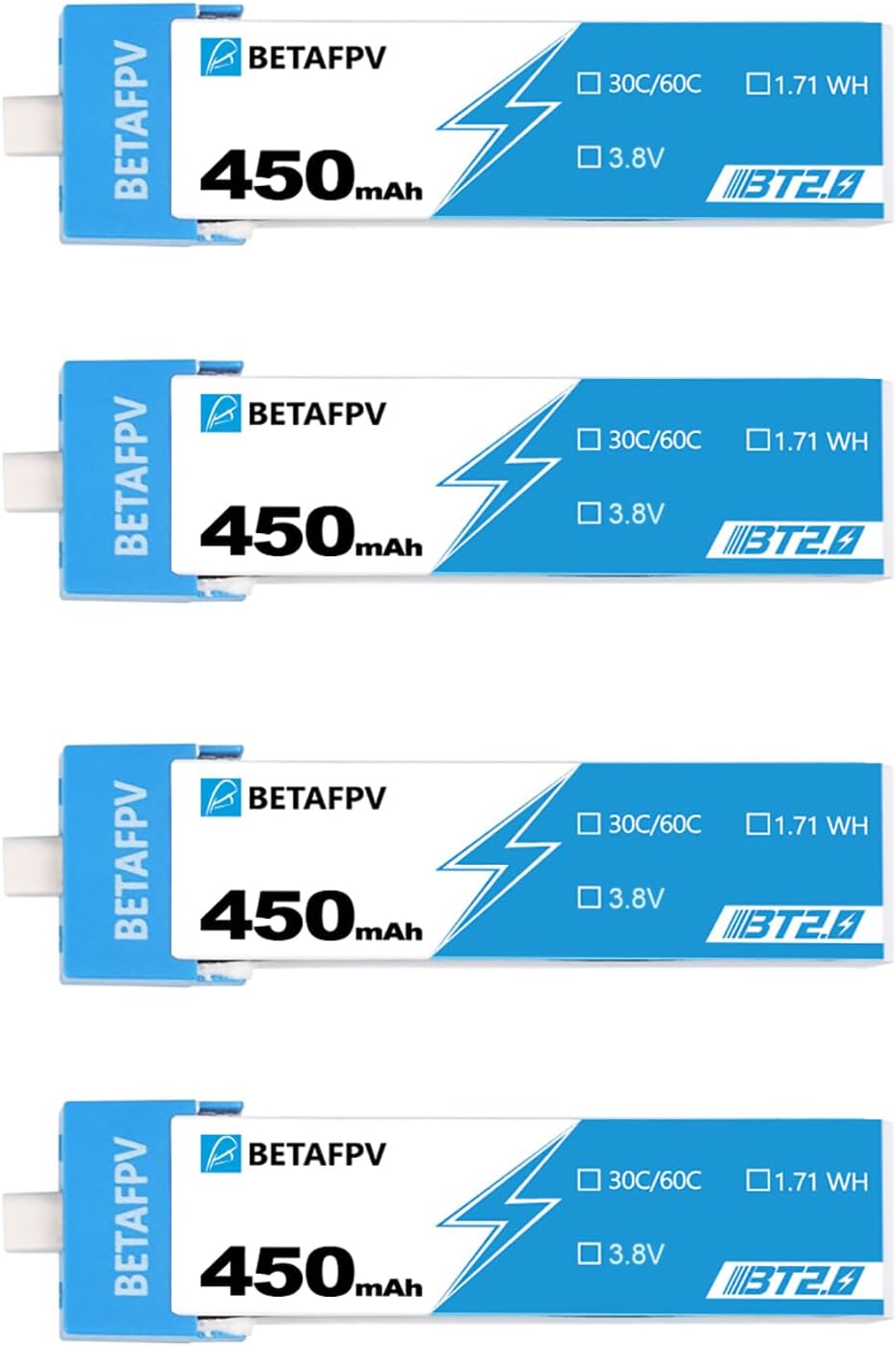 4pcs BT2.0 450mAh 1S Battery 3.8V 30C Lipo Battery with BT2.0 Connector Compatible for 1S Tiny Whoop Drone Quadcopter Like Meteor75, Cetus Pro FPV Kit, Cetus X FPV Kit