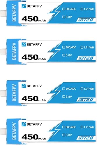 BETAFPV 4 unidades BT2.0 450mAh 1S Batería 3.8V 30C Lipo con conector BT2.0 compatible con 1S Tiny Whoop Drone Quadcopter como Meteor75, Cetus Pro