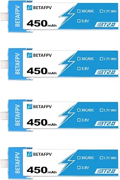 BETAFPV 4pcs BT2.0 450mAh 1S Battery 3.8V 30C/60C Lipo Battery with BT2.0 Connector Compatible for 1S Tiny Whoop Drone Quadcopter Like Meteor75, Cetus Pro FPV Kit, Cetus X FPV Kit