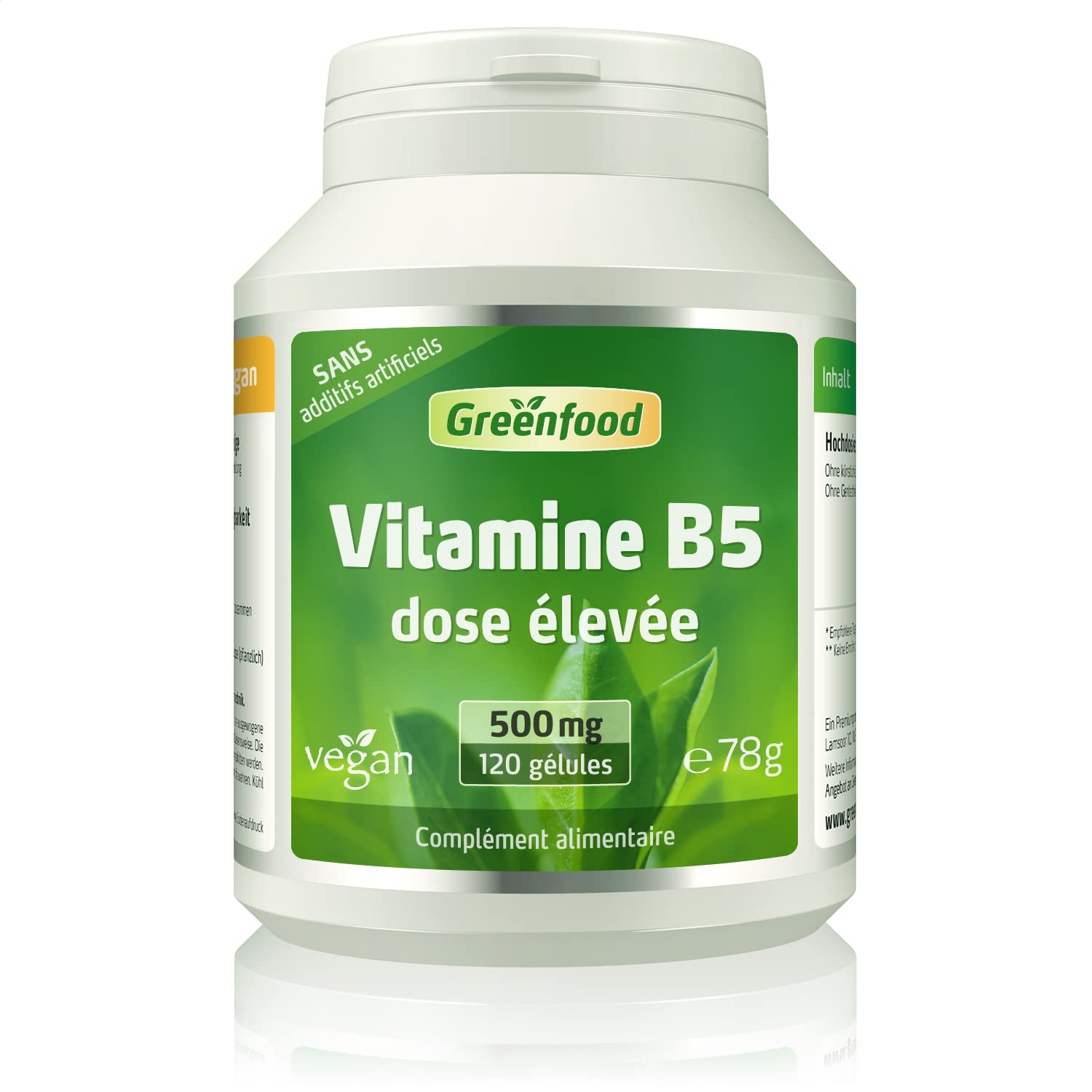 Greenfood Vitamine B5 (acide pantothénique), 500 mg, dose élevée, 120 gélules - pour une performance mentale normale. SANS additifs artificiels. Sans organisme génétiquement modifié. Vegan