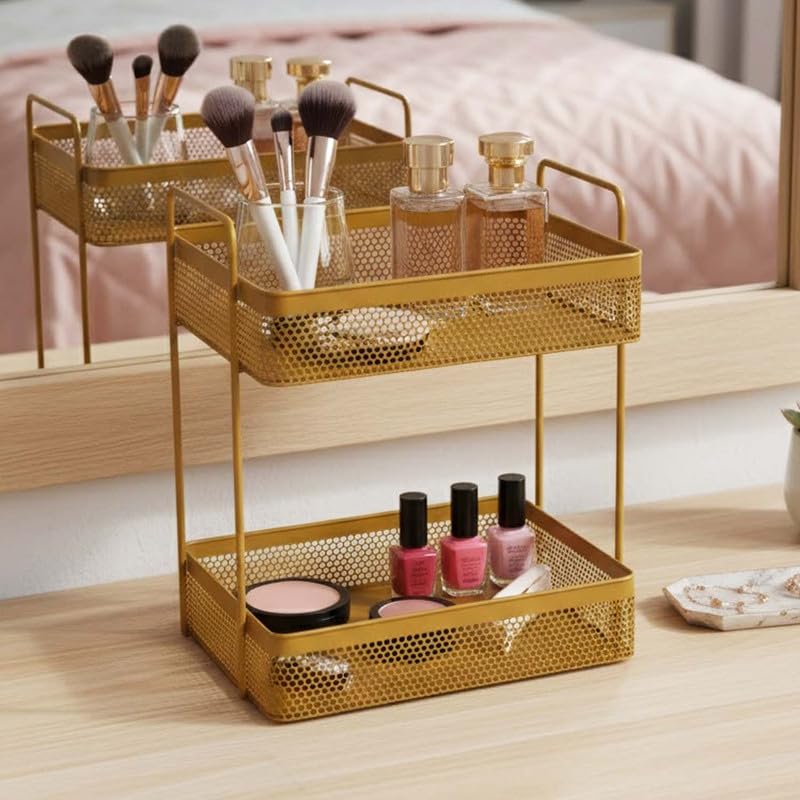 Image of Go Hooked Metal Standing Rack 2-Tier Countertop Organizer | Spices Organizer | Bathroom Essentials | Vanity Storage | Decorative Use | Cosmetic Makeup Storage (Golden)