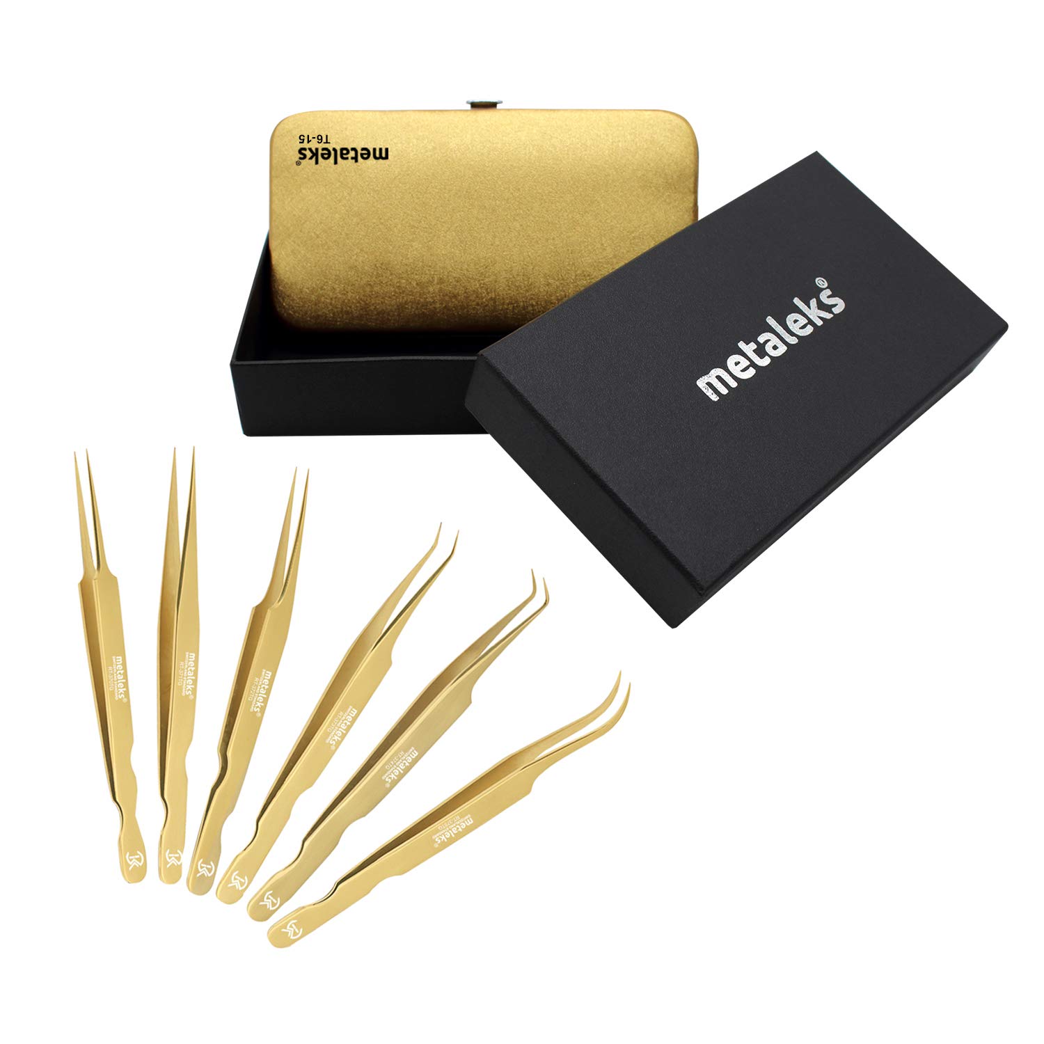 6PCS -12CM Professional Eyelash Extesnion Tweezers In Japanese Stainless Steel (Golden Titanium Coated)