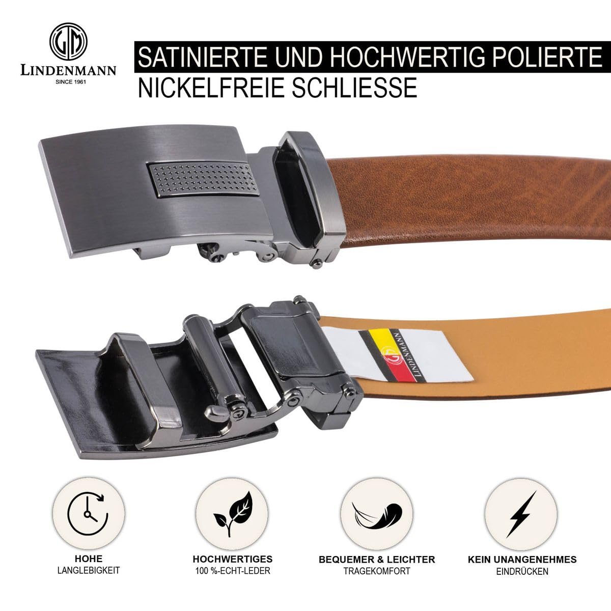 Lindenmann Cintura in pelle per uomo cintura in pelle di mucca, 33 mm di larghezza e 3,6 mm forte, regolabile, cintura, cintura in pelle, cintura classica, autobloccante, cognac