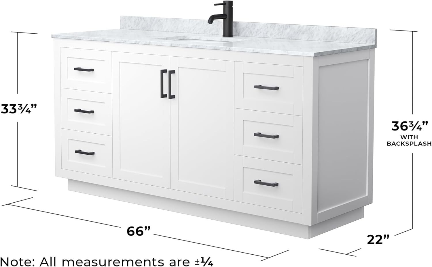 Wyndham Collection Miranda 66 Inch Single Bathroom Vanity in White, White Carrara Marble Countertop, Undermount Square Sink, Matte Black Trim
